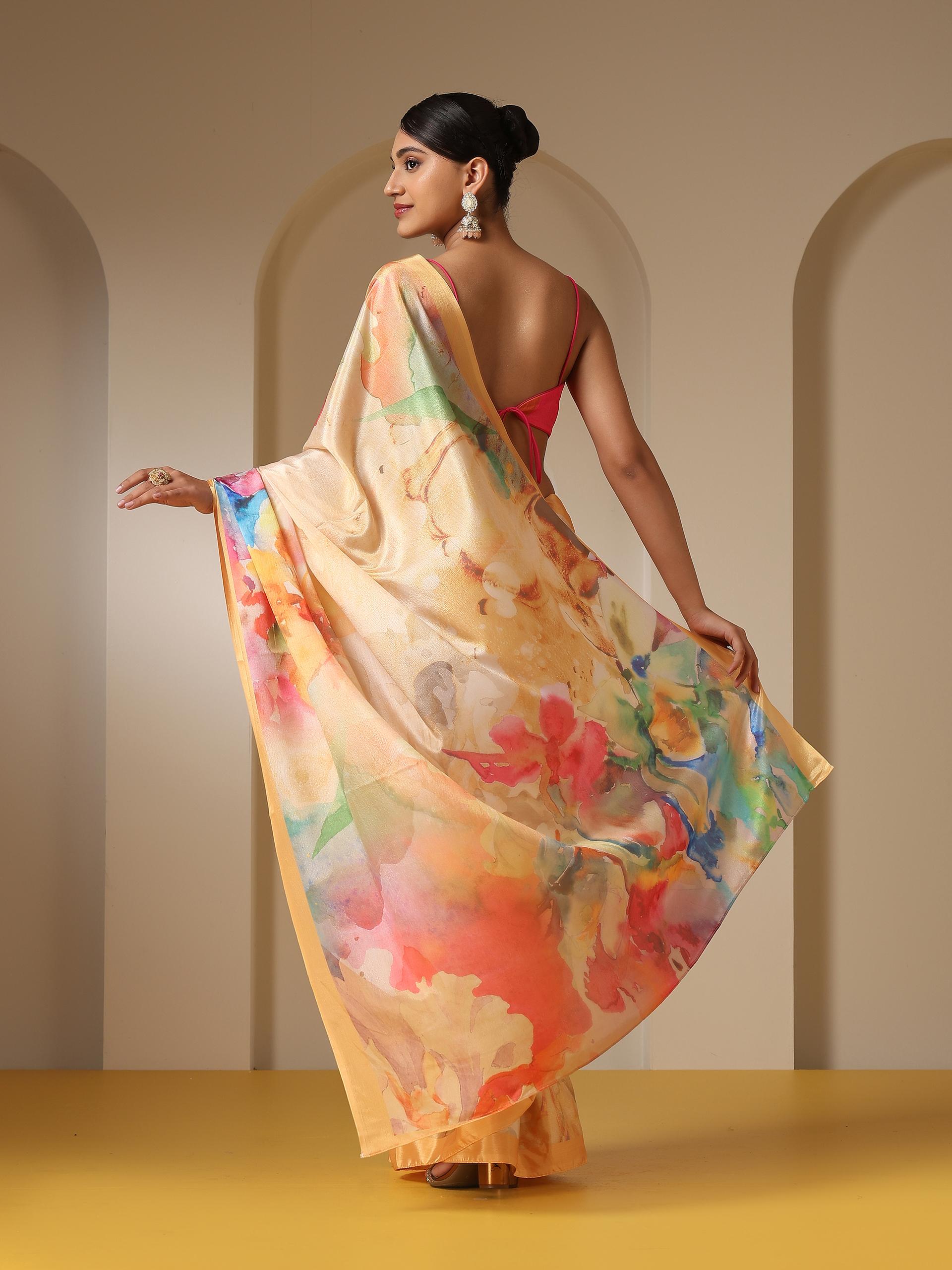 Brush Strokes Wine Printed Saree with Blouse Fabric