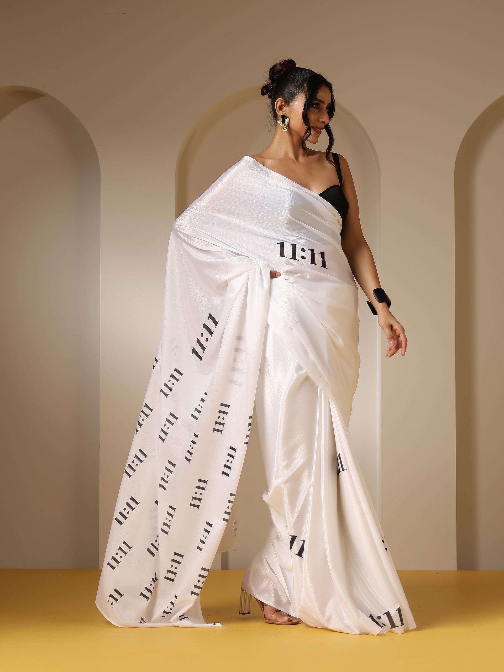 11:11 Printed White Saree with Blouse Fabric