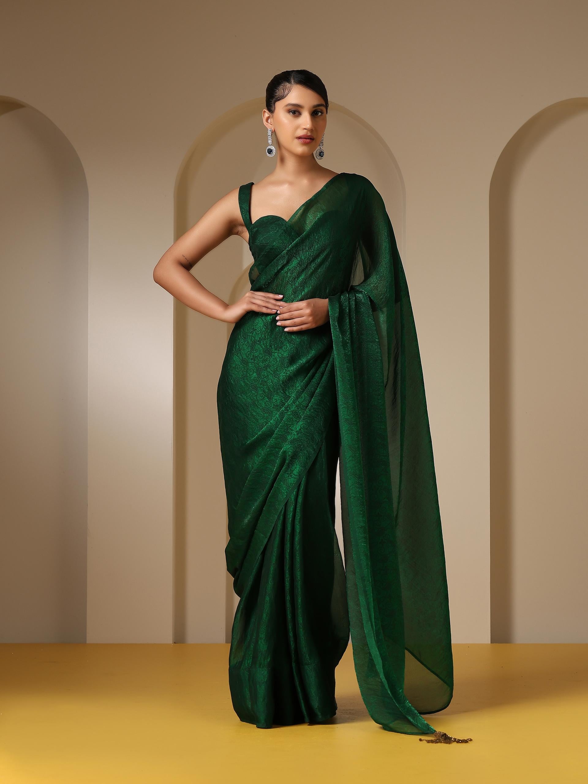 Colour Me Earth Green Paisley Chiffon Saree with Beaded Pendants & Blouse Fabric