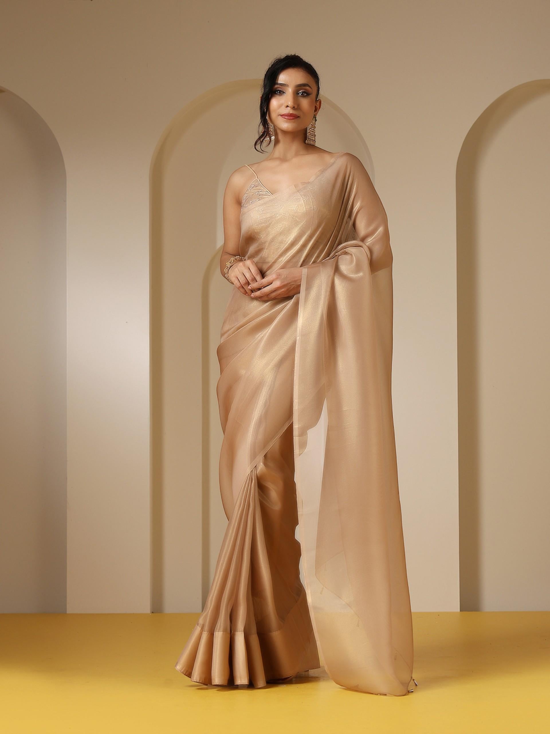 Glamorous Gold Organza Saree with Embroidered Blouse Fabric