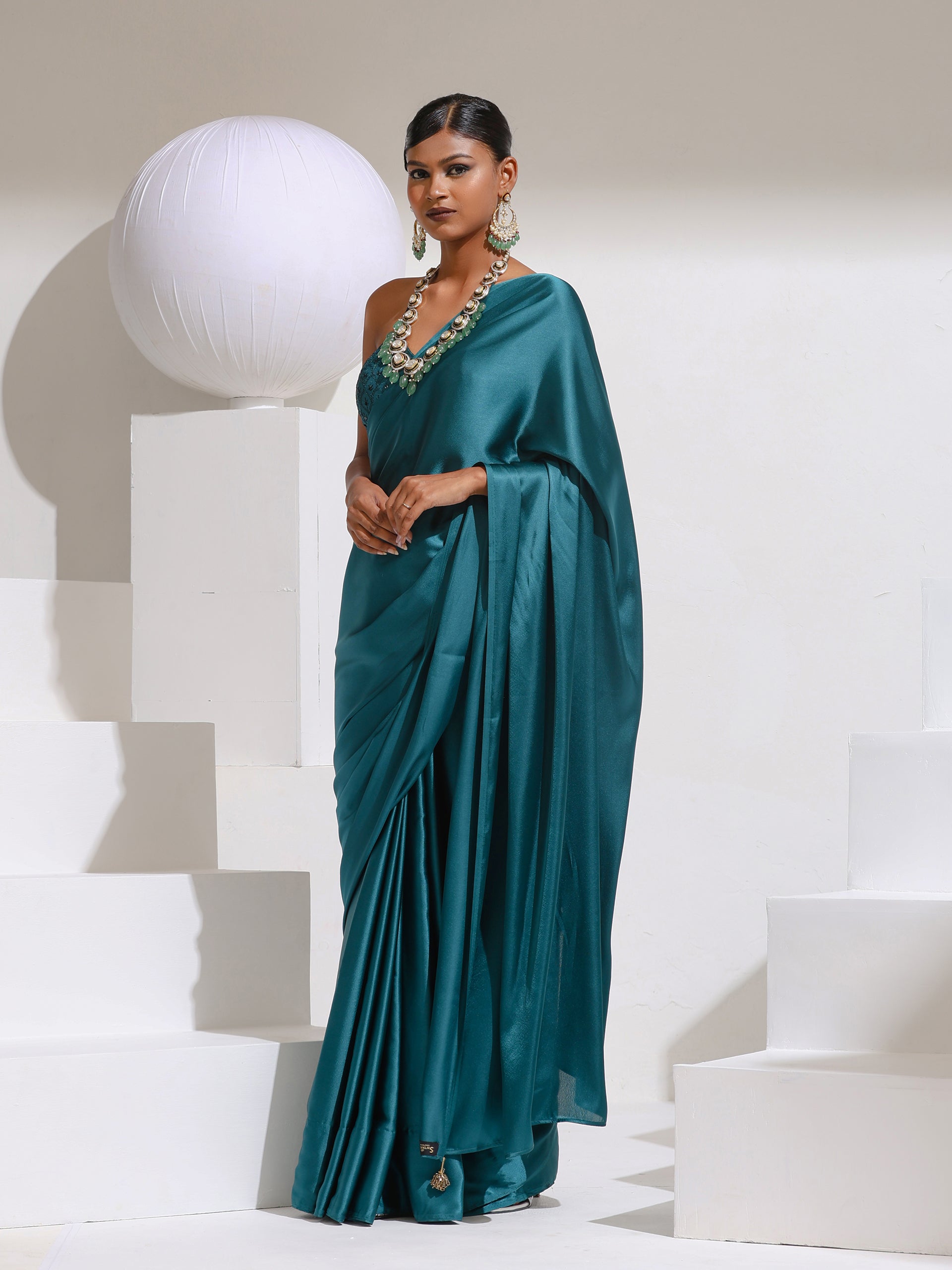 Pop Green Satin Saree with Beads and Embroidered Blouse Fabric