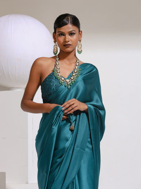 Pop Green Satin Saree with Beads and Embroidered Blouse Fabric