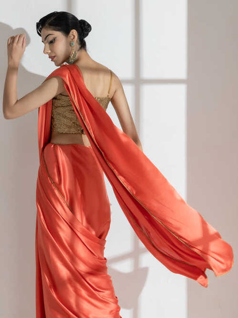 Spanish Orange Satin with Golden Piping and Self Blouse Fabric