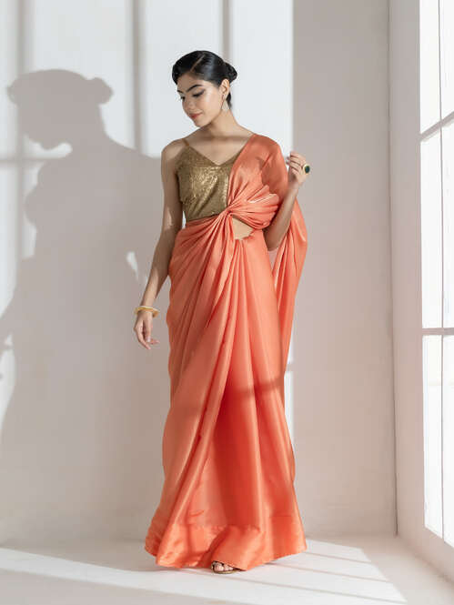 Glaze Silky Organza Saree with Rainbow Lace and Self Blouse Fabric