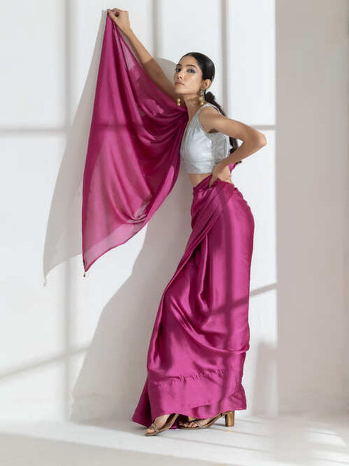 Deep Onion Butter Chiffon Saree with Beads