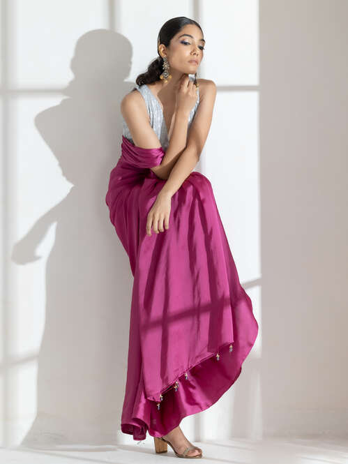 Deep Onion Butter Chiffon Saree with Beads