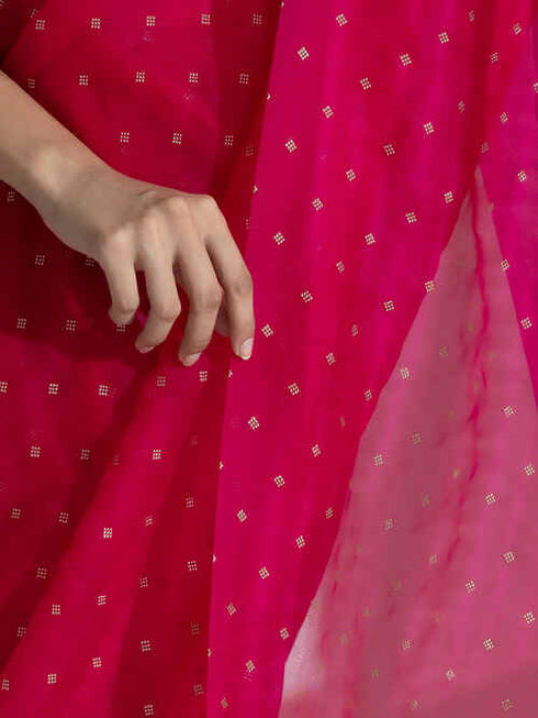 Raspberry Organza Net Saree with Gold Print with Bronze Latkan