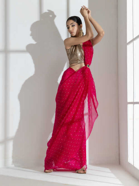 Raspberry Organza Net Saree with Gold Print with Bronze Latkan
