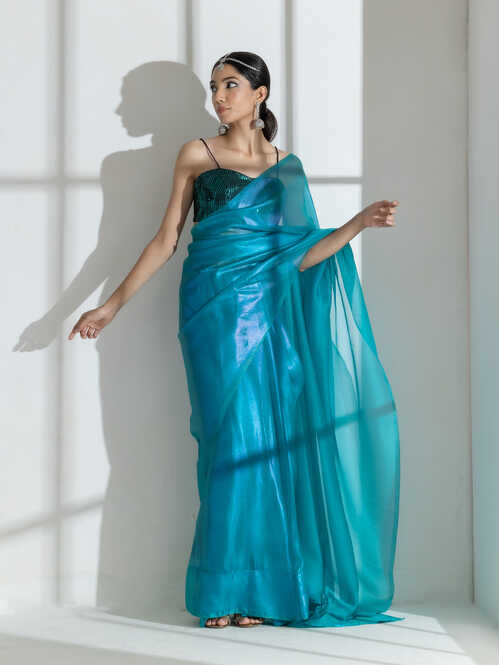 Teal with Pink Shine Organza Net Saree and Blue Sequin Blouse Fabric