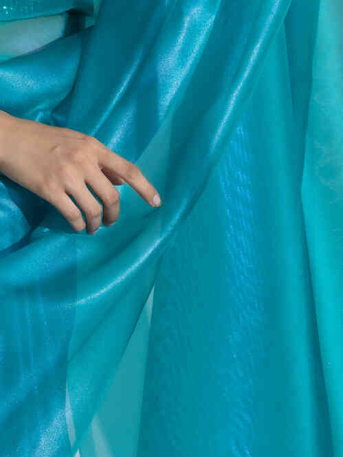 Teal with Pink Shine Organza Net Saree and Blue Sequin Blouse Fabric