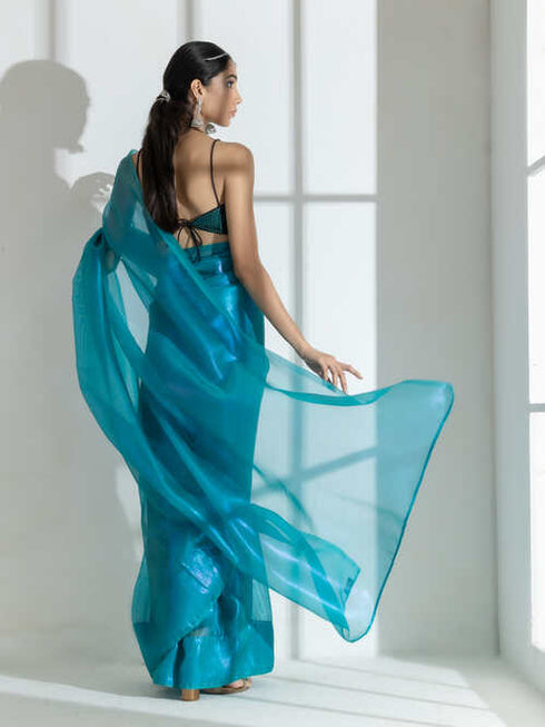 Teal with Pink Shine Organza Net Saree and Blue Sequin Blouse Fabric