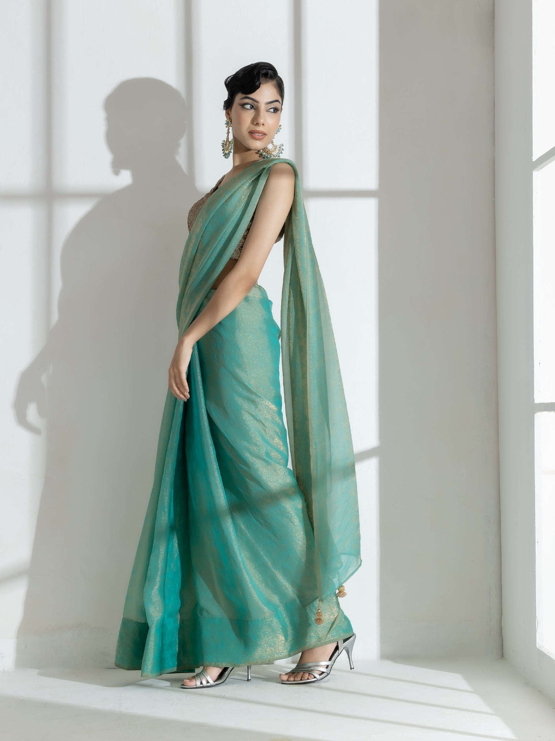 Paris Green Paisley Gold Design Chiffon Saree with Beaded Latkan