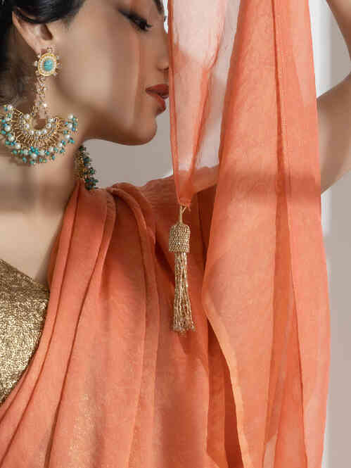 Saffron Peach Paisley Gold Design Chiffon Saree with Long Beaded Latkan