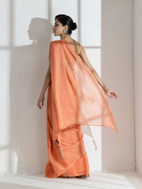 Saffron Peach Paisley Gold Design Chiffon Saree with Long Beaded Latkan