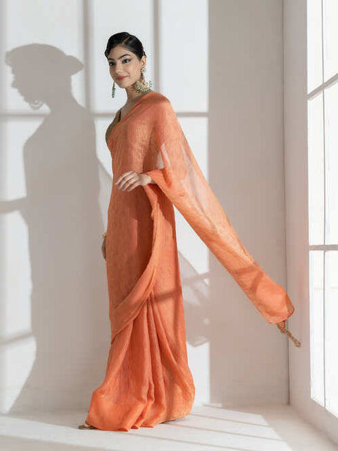 Saffron Peach Paisley Gold Design Chiffon Saree with Long Beaded Latkan