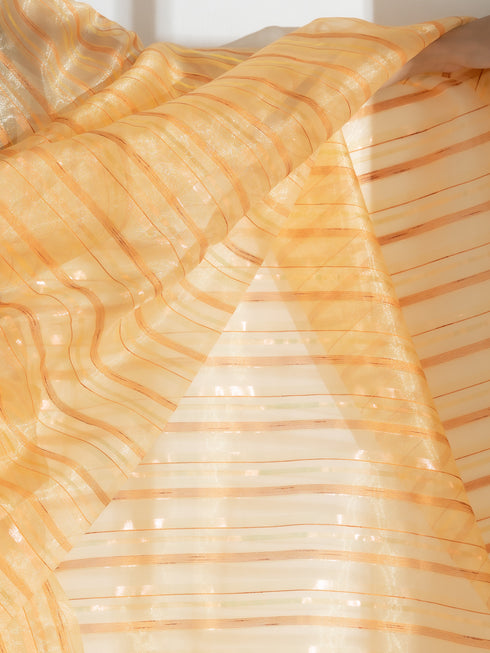 Sun Glow Yellow Organza Saree with Rosegold Stripes