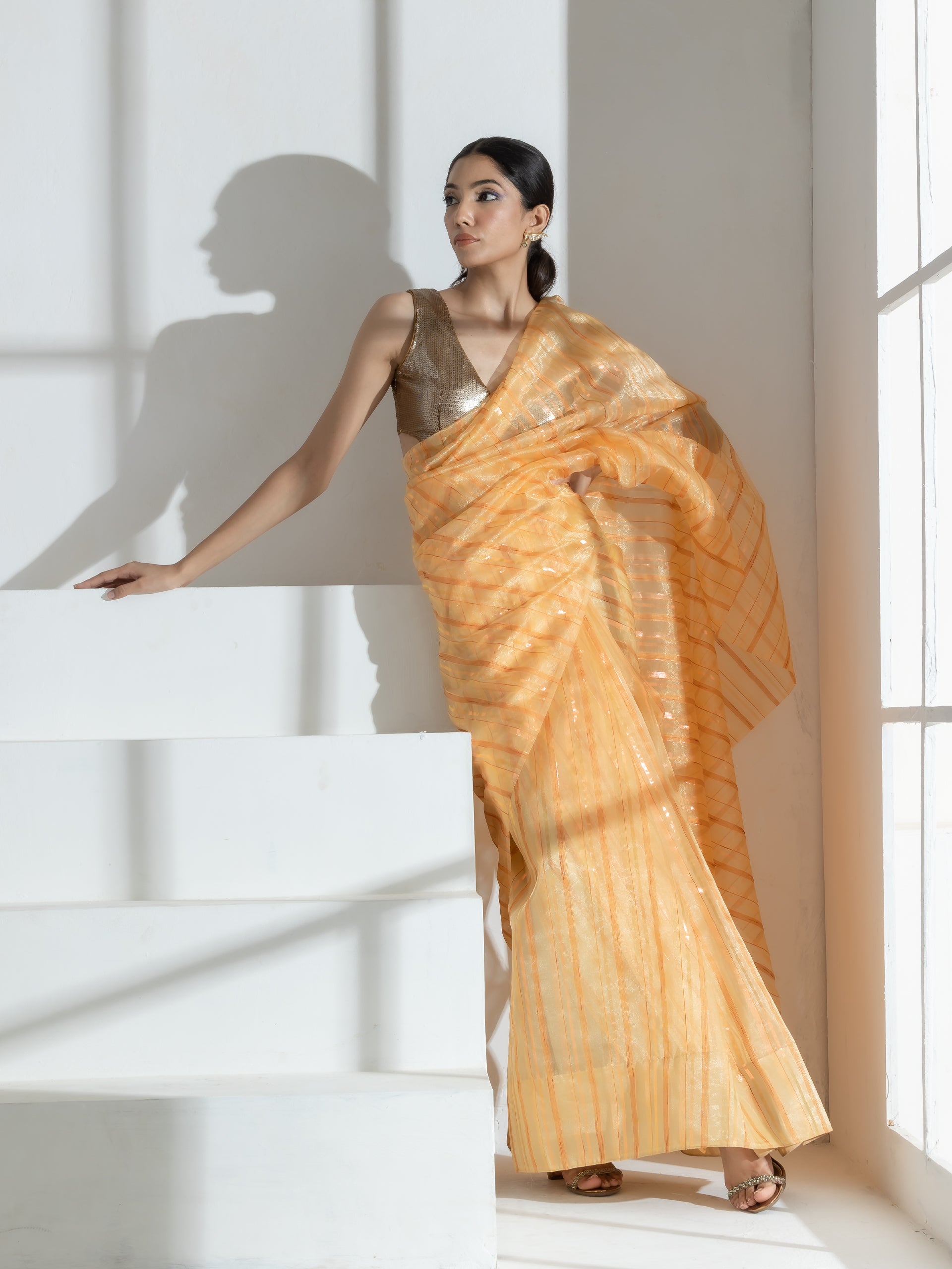 Sun Glow Yellow Organza Saree with Rosegold Stripes