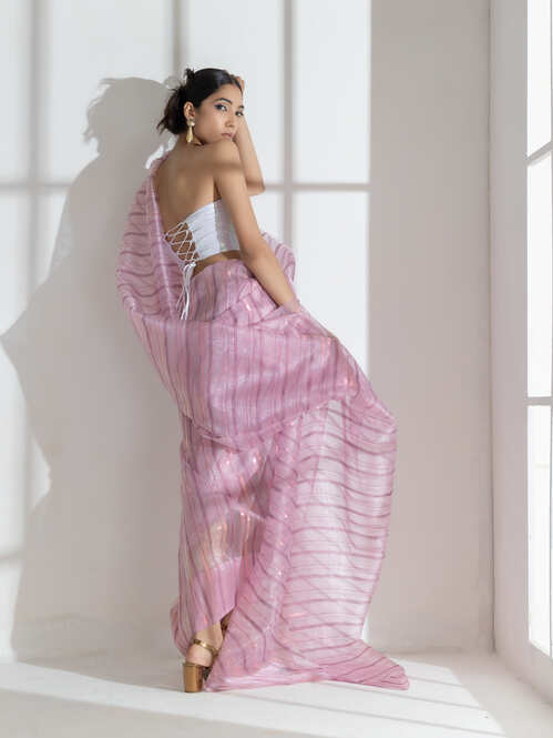 Rosy lilac pink chiffon saree with rosegold stripes — view 6