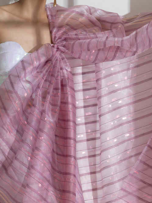 Rosy lilac pink chiffon saree with rosegold stripes — view 3