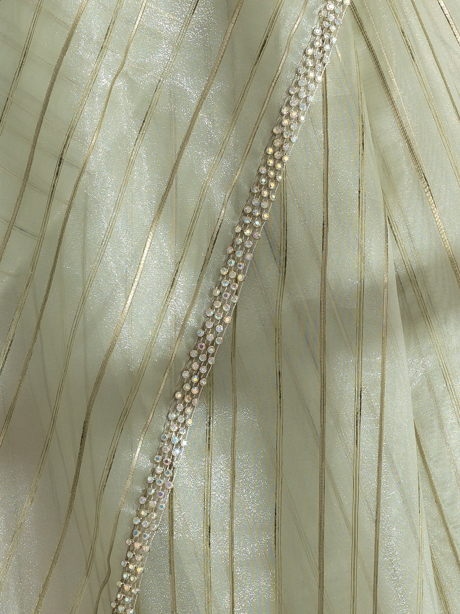 Summer Green Organza Saree with Self Stripes and Rainbow Lace