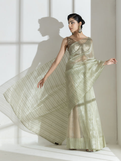 Summer Green Organza Saree with Self Stripes and Rainbow Lace