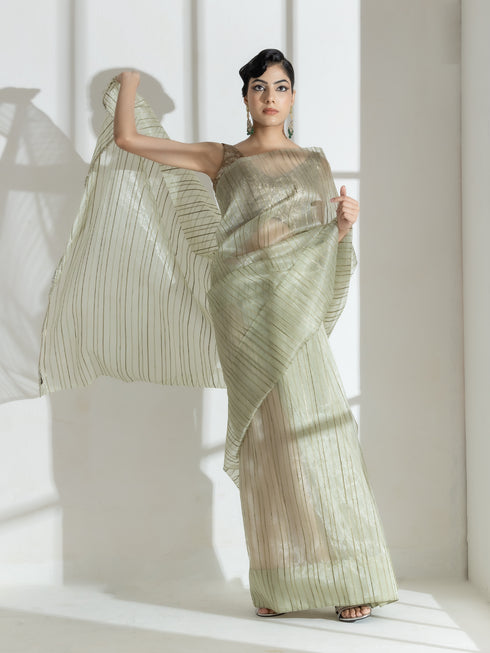 Summer Green Organza Saree with Self Stripes and Rainbow Lace