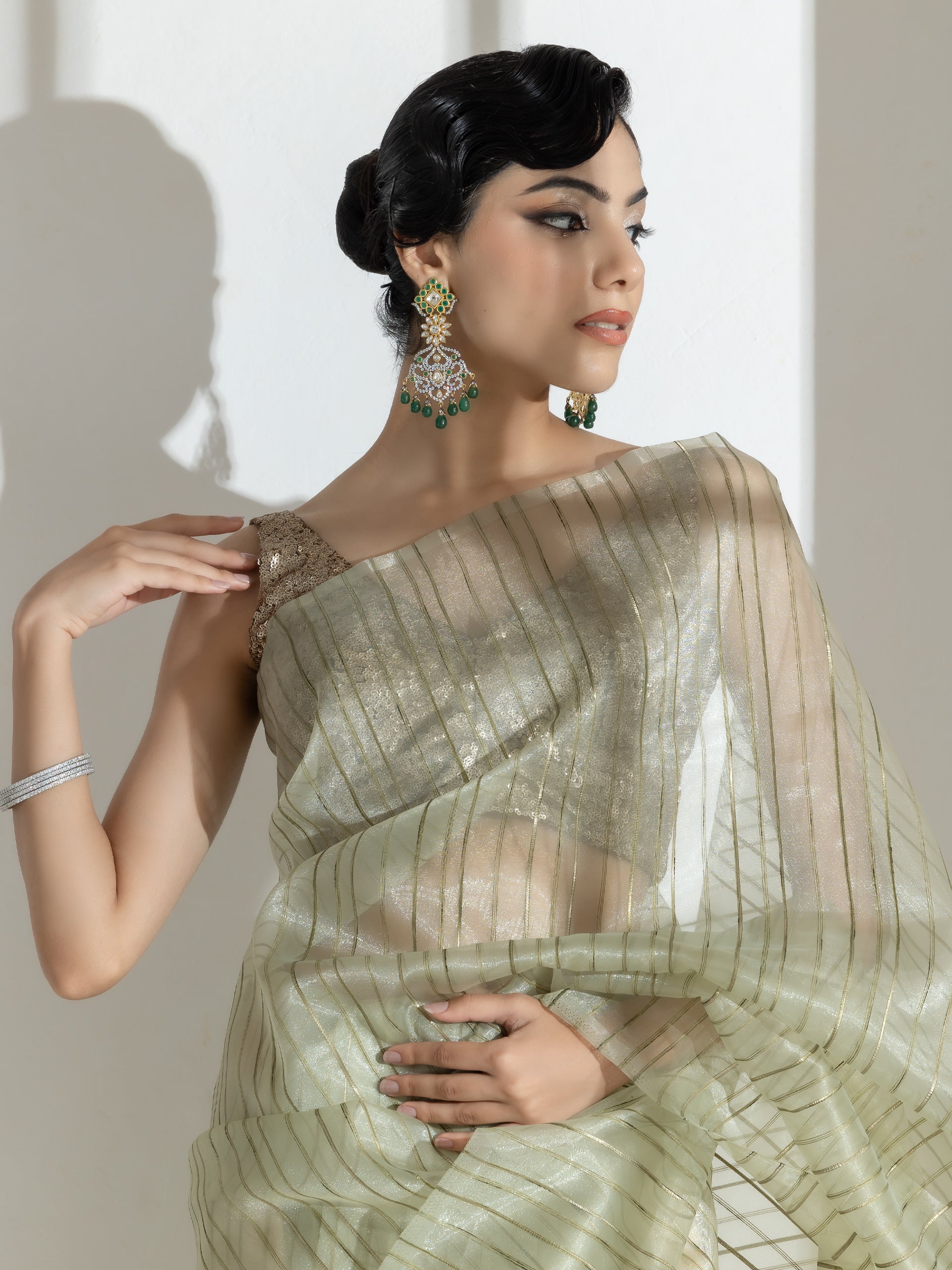 Summer Green Organza Saree with Self Stripes and Rainbow Lace