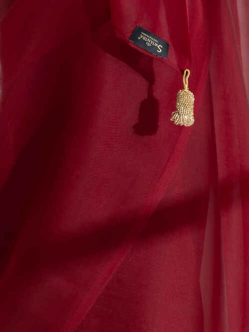 Rustic Maroon Soft Organza Saree with Beaded Gold Latkan with Self Blouse Fabric