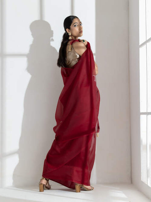 Rustic Maroon Soft Organza Saree with Beaded Gold Latkan with Self Blouse Fabric
