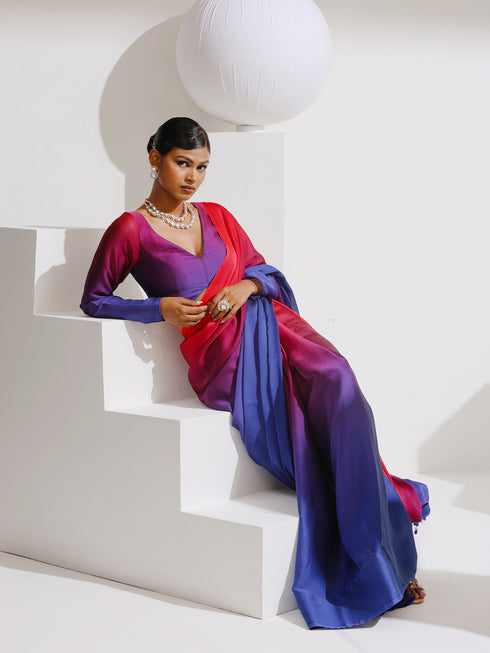 Red & Navy Chiffon Ombre Saree with Beads and Self-Blouse Fabric