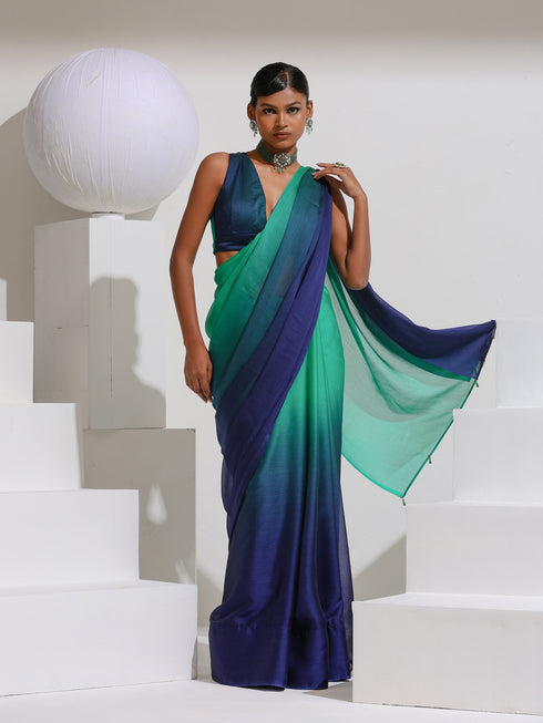 Parrot & Navy Chiffon Ombre Saree with Beads and Self-Blouse Fabric