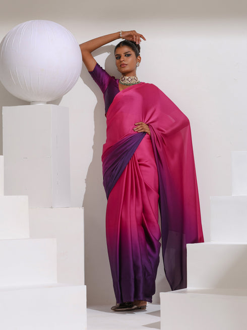 Pink & Purple Satin Chiffon Saree with Beads and Self-Blouse Fabric