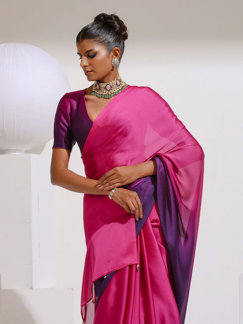 Pink & Purple Satin Chiffon Saree with Beads and Self-Blouse Fabric