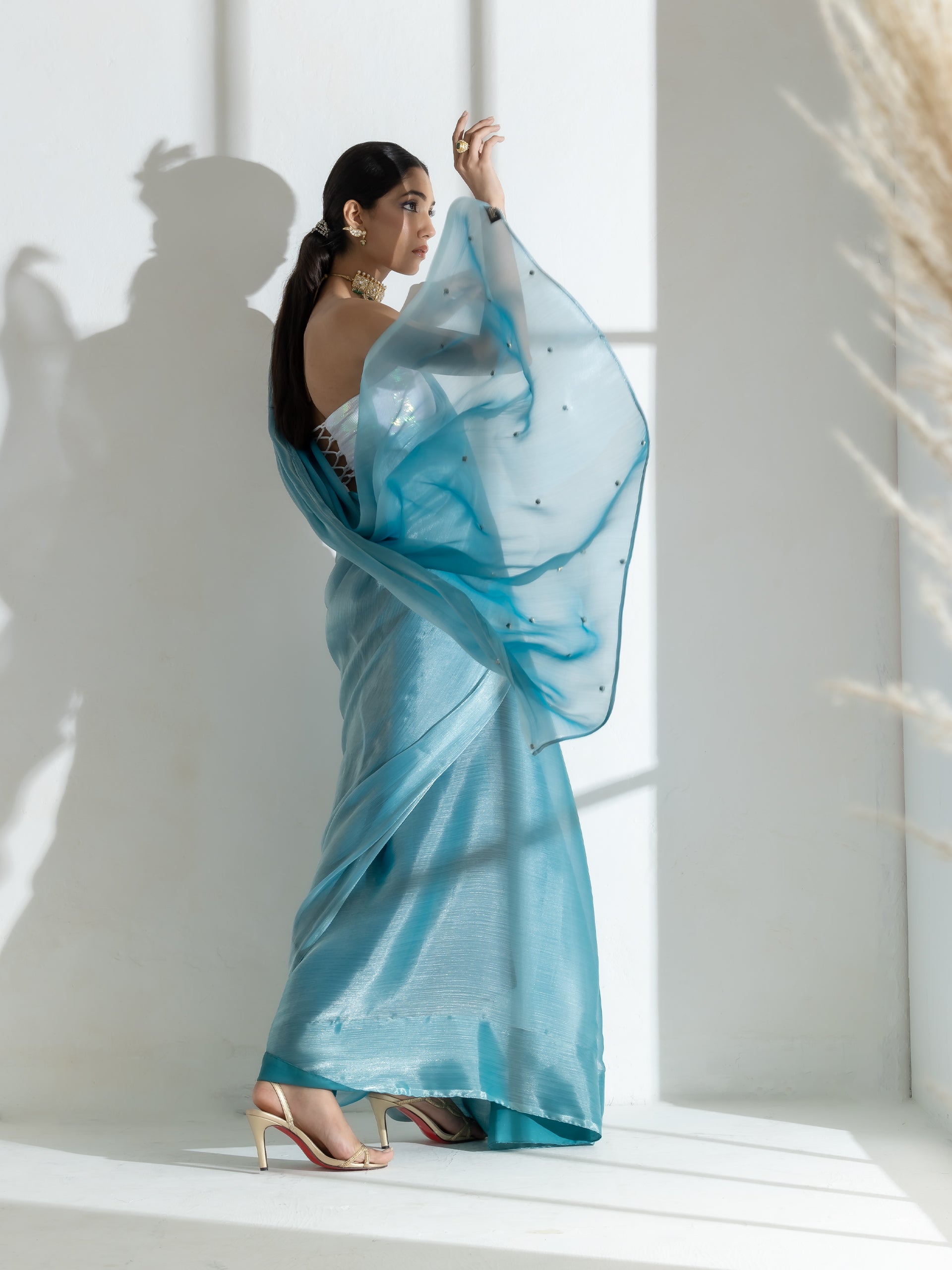 Fashionista Blue Organza Chiffon Saree with Diamond Beads on Pallu with Self Blouse Fabric