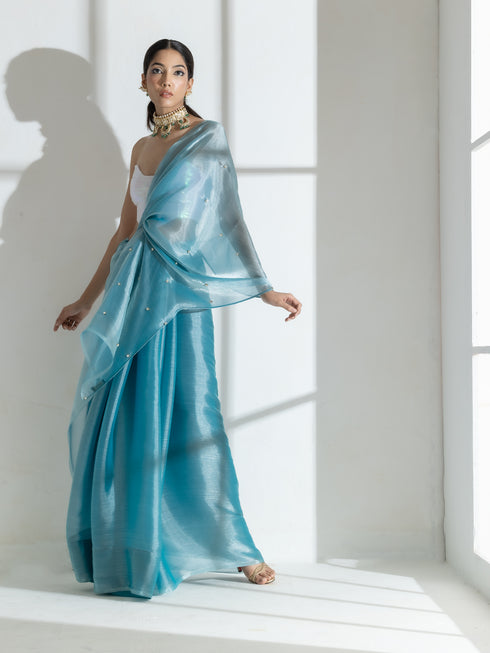 Fashionista Blue Organza Chiffon with Diamond Beads on Pallu with Self Blouse Fabric