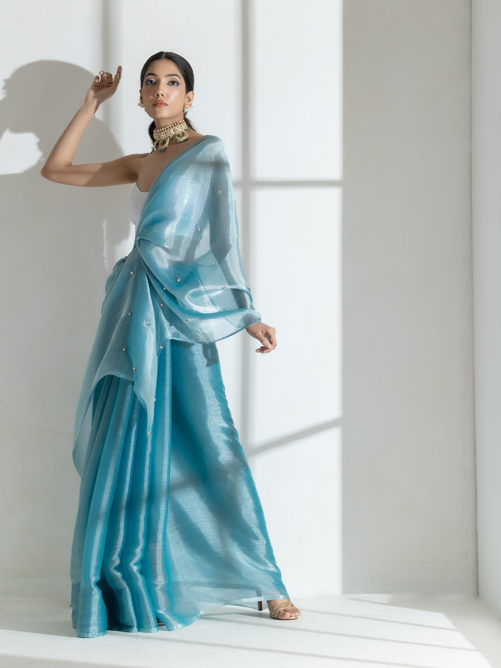 Fashionista Blue Organza Chiffon Saree with Diamond Beads on Pallu with Self Blouse Fabric