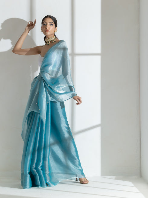 Fashionista Blue Organza Chiffon with Diamond Beads on Pallu with Self Blouse Fabric