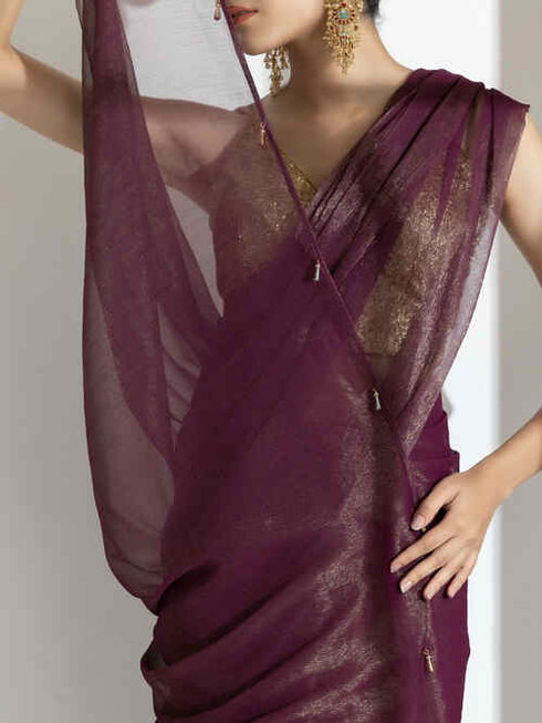 Wine Berry Gold Shimmer Chiffon Saree with Beads and Self Blouse Fabric