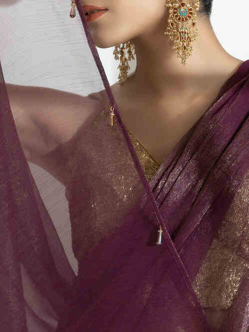Wine Berry Gold Shimmer Chiffon Saree with Beads and Self Blouse Fabric