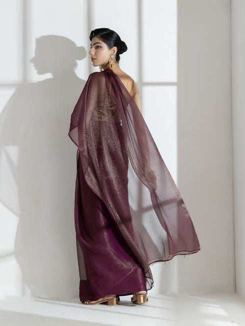Wine Berry Gold Shimmer Chiffon Saree with Beads and Self Blouse Fabric