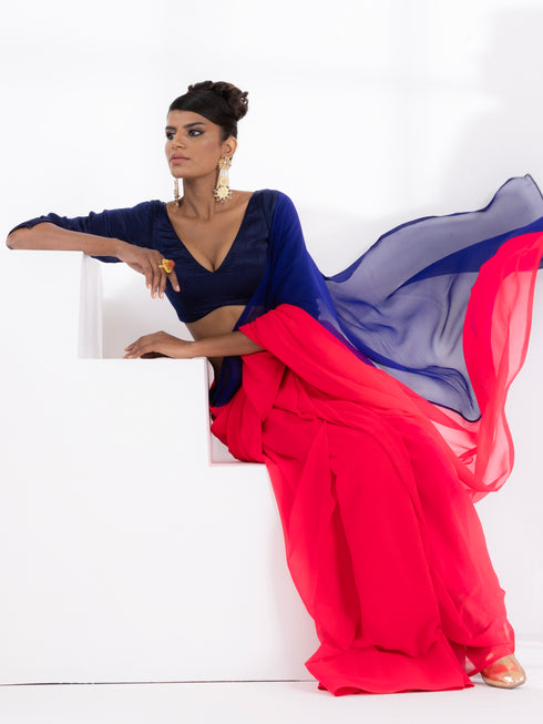 Flamingo & Purple Jam Triangle Georgette Saree with Blue Plush Blouse Fabric