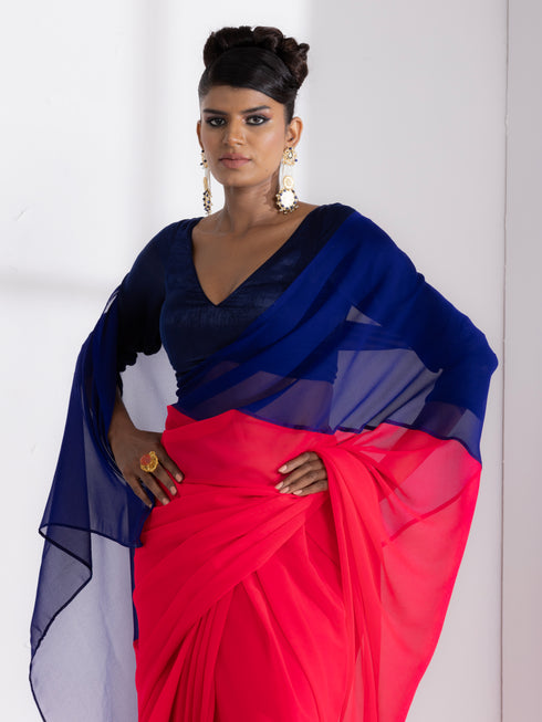 Flamingo & Purple Jam Triangle Georgette Saree with Blue Plush Blouse Fabric