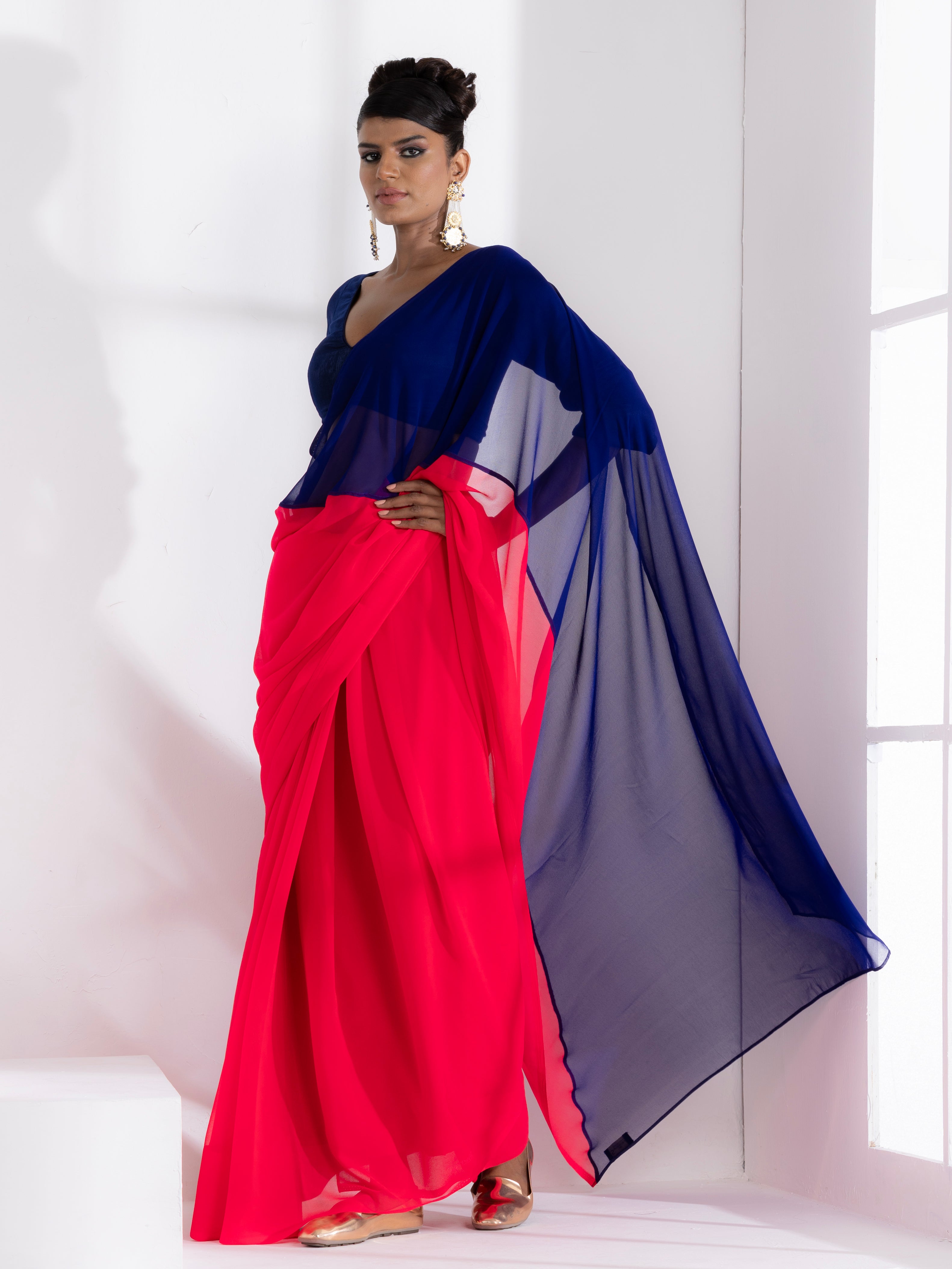 Flamingo & Purple Jam Triangle Georgette Saree with Blue Plush Blouse Fabric