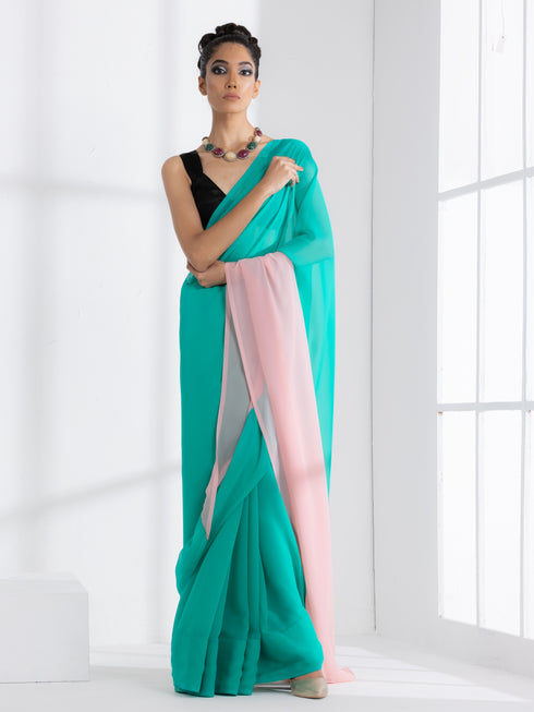 Ocean Breeze & Pink Pearl Triangle Georgette Saree with Black Posh Blouse Fabric