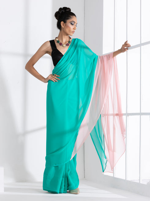 Ocean Breeze & Pink Pearl Triangle Georgette Saree with Black Posh Blouse Fabric