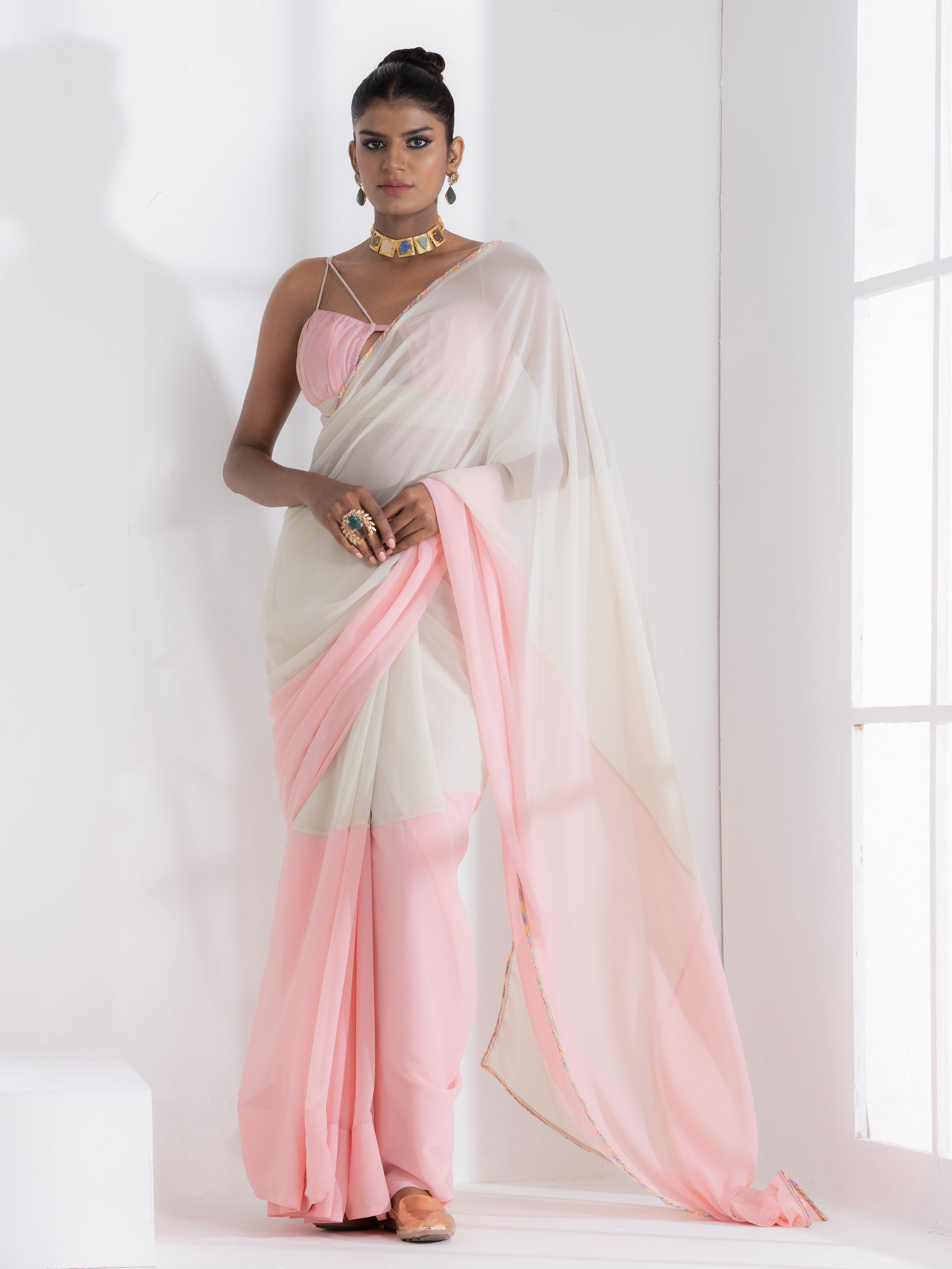 Candy Pink and Matcha Fusion Georgette Saree with Self-Blouse Fabric