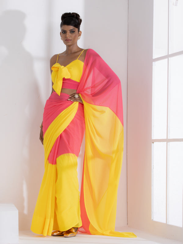 Dazzle Pink and Yellow FusionTextured Chiffon Saree with Self-Blouse Fabric