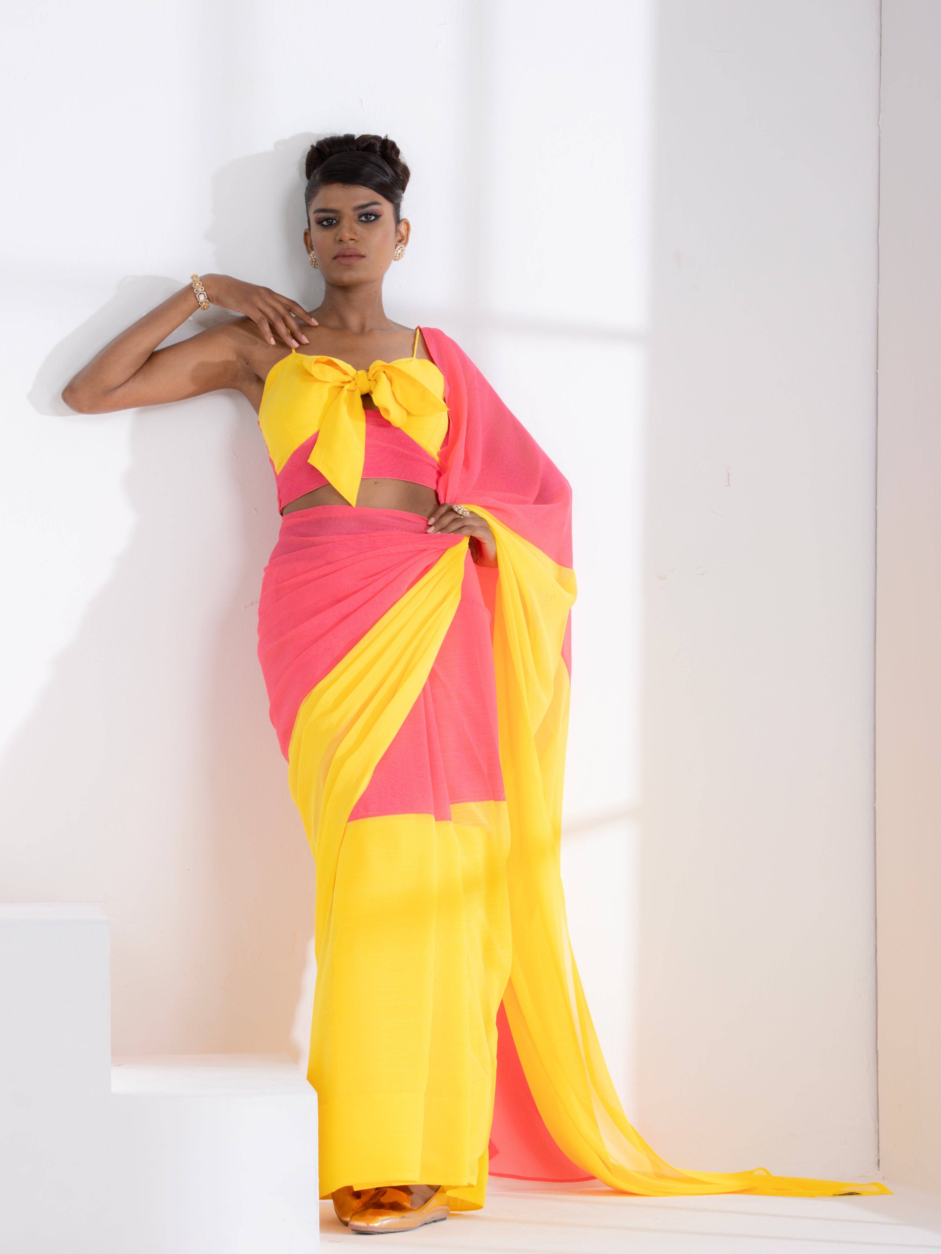 Dazzle Pink and Yellow Fusion Textured Chiffon Saree with Self-Blouse Fabric