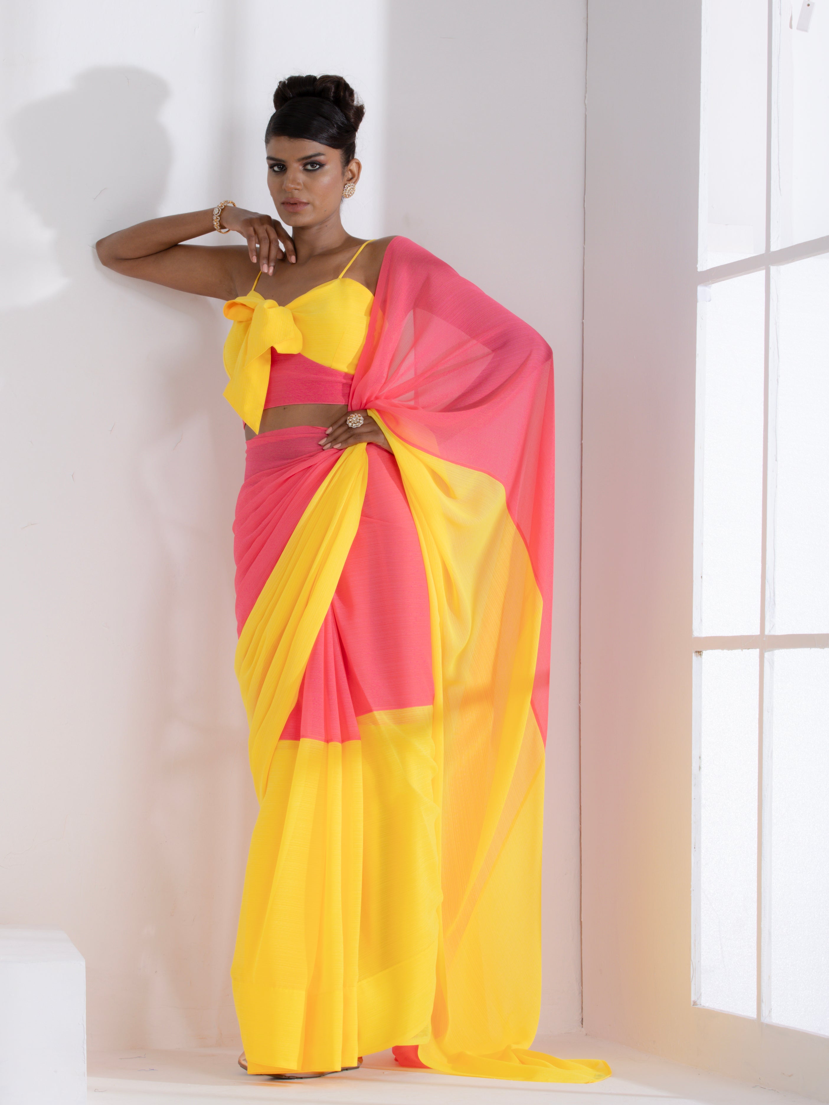 Dazzle Pink and Yellow Fusion Textured Chiffon Saree with Self-Blouse Fabric