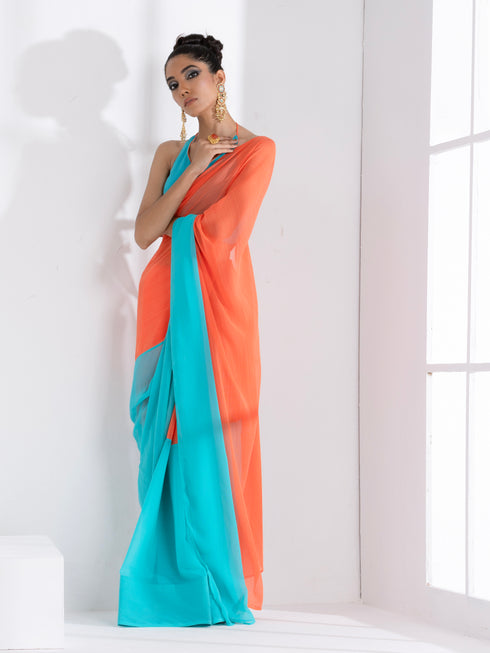 Blaze Orange and Aqua Fusion Textured Chiffon Saree with Self-Blouse Fabric